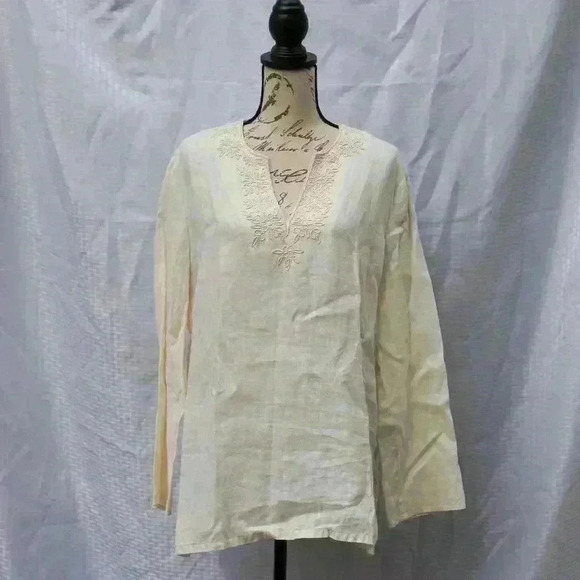 Lands' End Size L long sleeve cream color 100% linen tunic w/beaded front - Picture 1 of 13